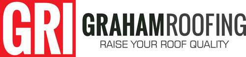 GRI in red block on left, "GRAHAM ROOFING" in black on right, "Raise your roof quality" under in black, smaller