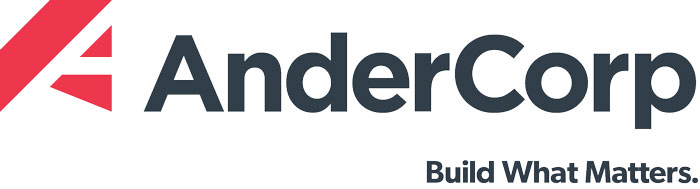 logo: red symbol on left, "AnderCorp" in black "build what matters" below