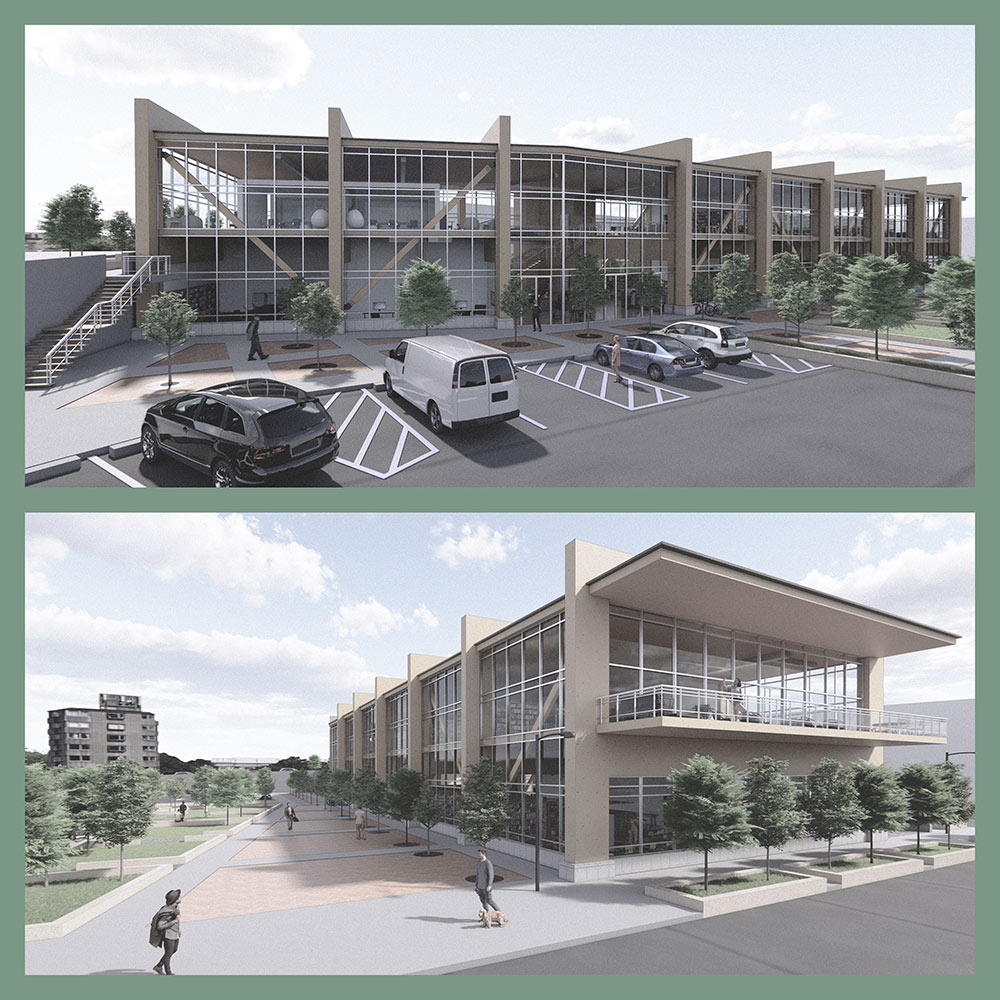 two stacked computer exterior building renderings by Will Russell
