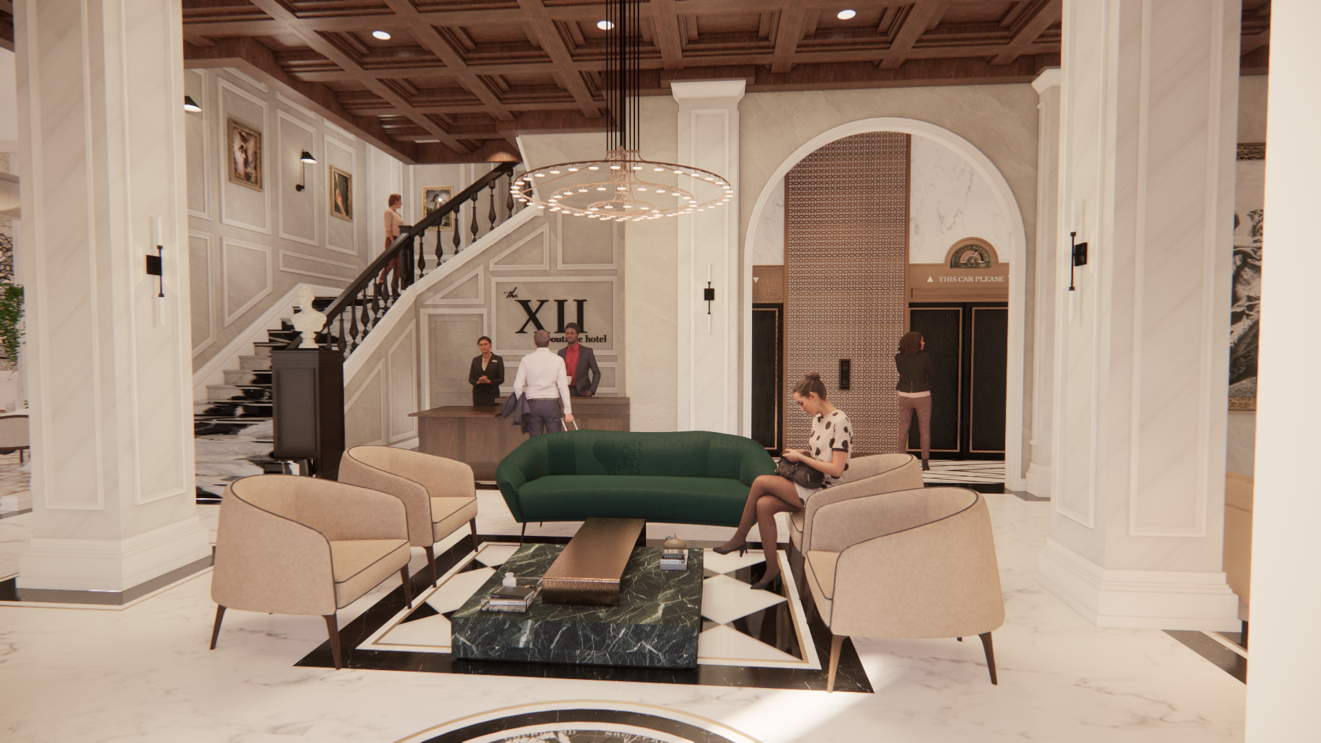 Rendered perspective of a hotel lobby with a seating area in the center with a green sofa and chairs. 