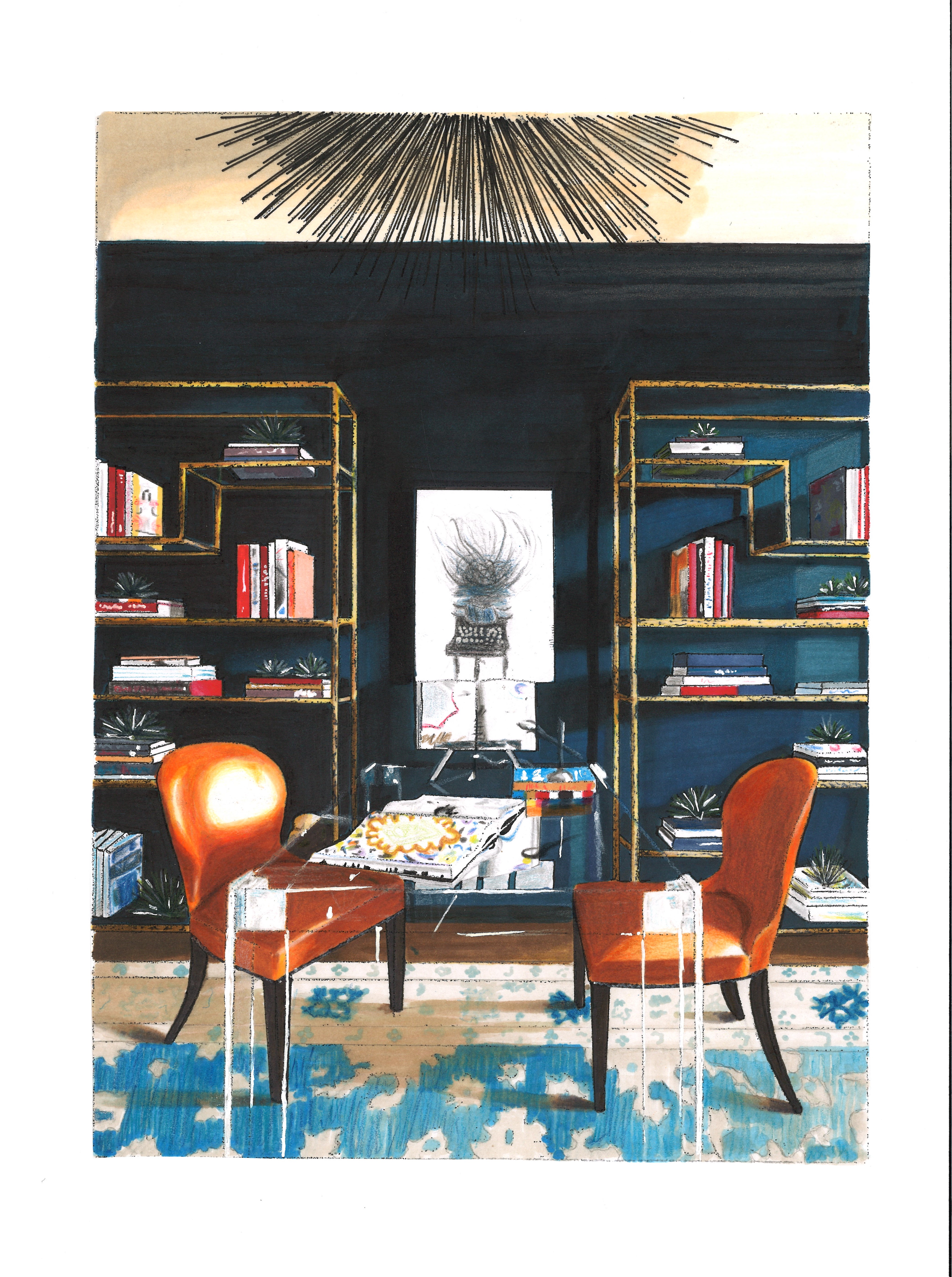 Hand rendering of a home office with bookshelves.