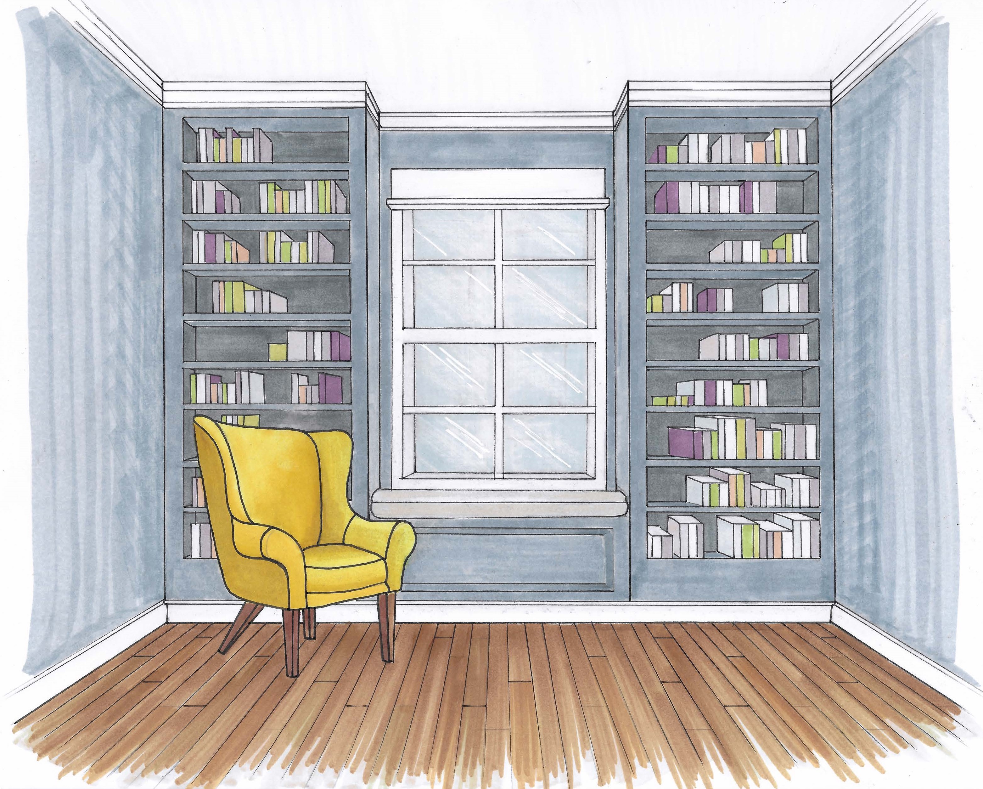 Hand rendered sketch of casework in private study.